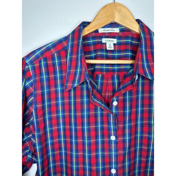 LL Bean Button Down Plaid Shirt Size XL Red Green Blue Wrinkle Free Long Sleeve - Picture 2 of 8